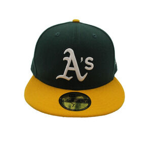 Oakland Athletics Hat Cap Fitted Mens 7 5/8 Green Yellow MLB Baseball New Era
